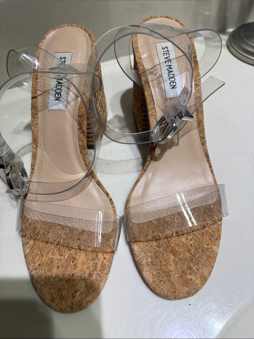 Steve Madden Clear Strap Cork Wedge Sandals - Nude/Cork